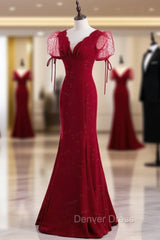 Burgundy Mermaid V-neck Puff Sleeve Prom Dresses