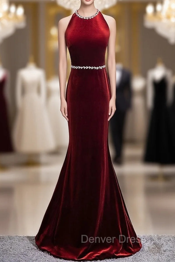 Burgundy Mermaid Velvet Backless Prom Dresses