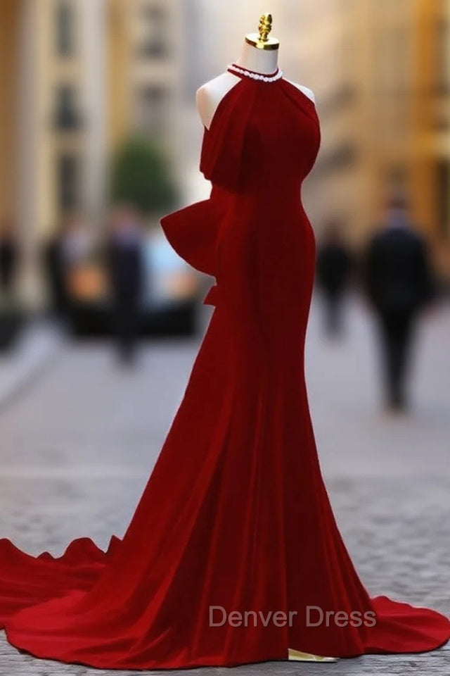 Burgundy Mermaid Velvet Halter Bow Prom Dresses