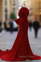Burgundy Mermaid Velvet Halter Bow Prom Dresses