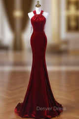 Burgundy Mermaid Velvet Halter Pearls Prom Dresses