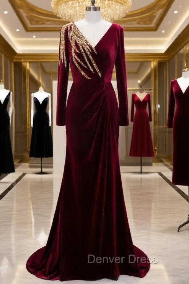 Burgundy Mermaid Velvet Long Sleeve Beading Prom Dresses