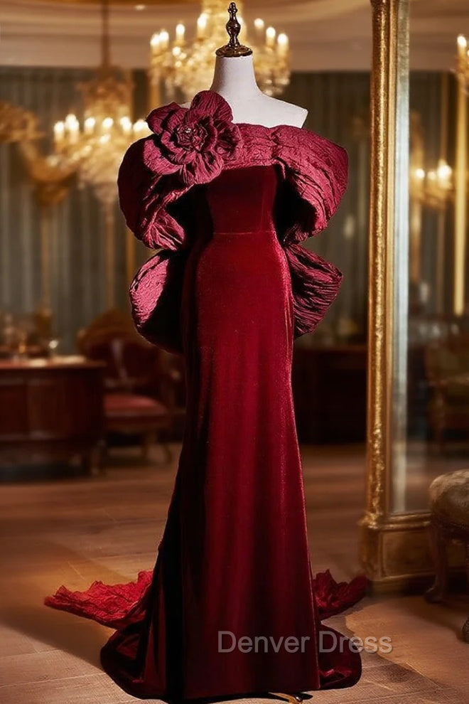 Burgundy Mermaid Velvet Off the Shoulder Flower Prom Dresses
