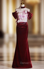 Burgundy Mermaid Velvet Off the Shoulder Pleats Flower Prom Dresses