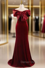 Burgundy Mermaid Velvet Off the Shoulder Pleats Prom Dresses