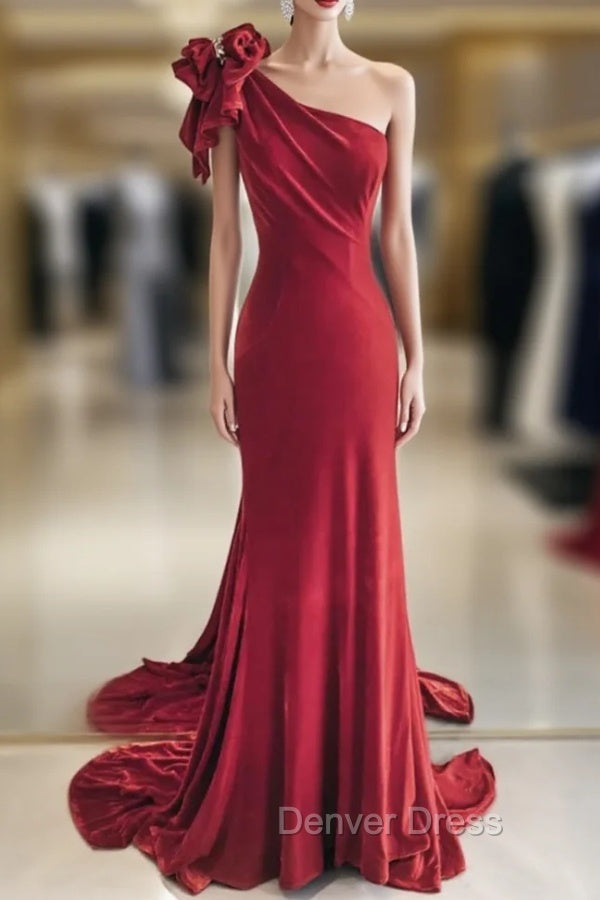 Burgundy Mermaid Velvet One Shoulder Beading Prom Dresses