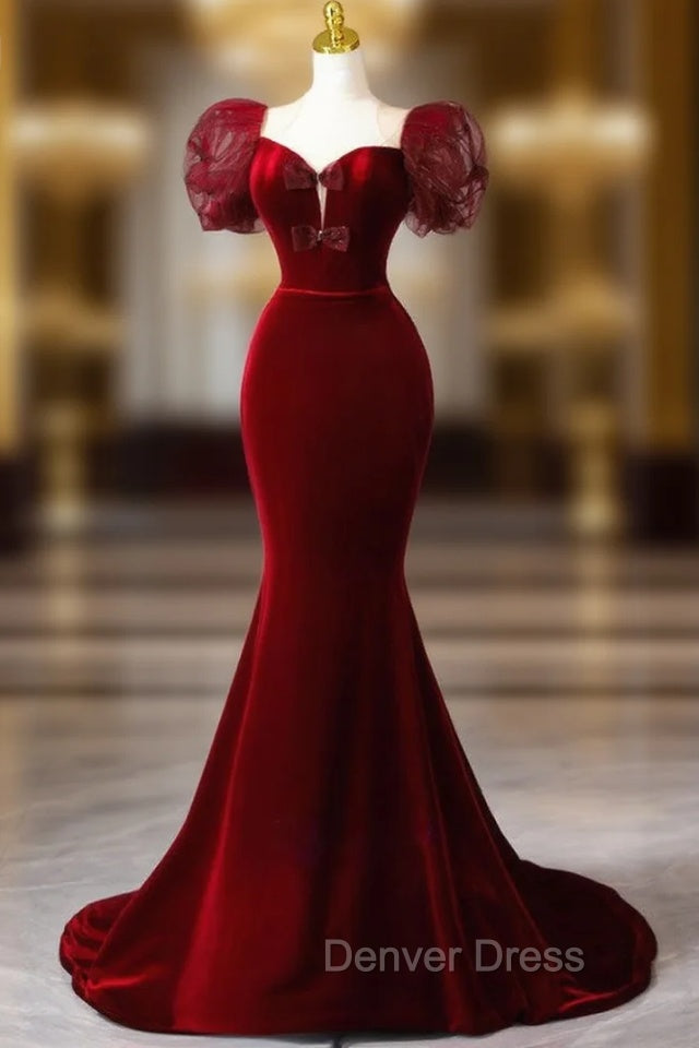 Burgundy Mermaid Velvet Puff Sleeve Bow Prom Dresses