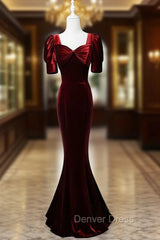 Burgundy Mermaid Velvet Short Sleeve Bow Prom Dresses