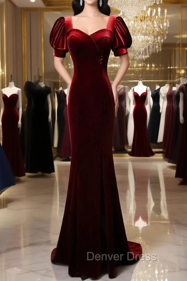 Burgundy Mermaid Velvet Short Sleeve Prom Dresses
