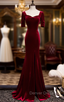 Burgundy Mermaid Velvet Short Sleeve Prom Dressess