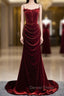 Burgundy Mermaid Velvet Spaghetti Straps Flower Prom Dresses