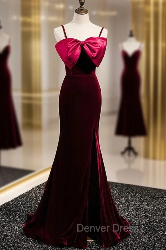 Burgundy Mermaid Velvet Spaghetti Straps Prom Dresses With Bow Main image