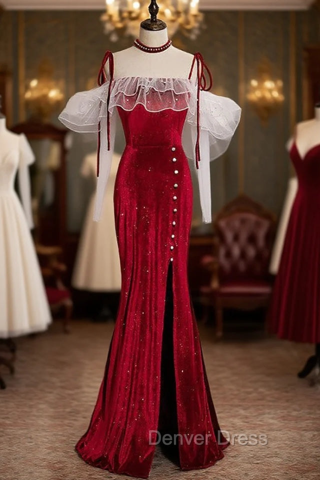 Burgundy Mermaid Velvet Spaghetti Straps Prom Dresses With Split Main image