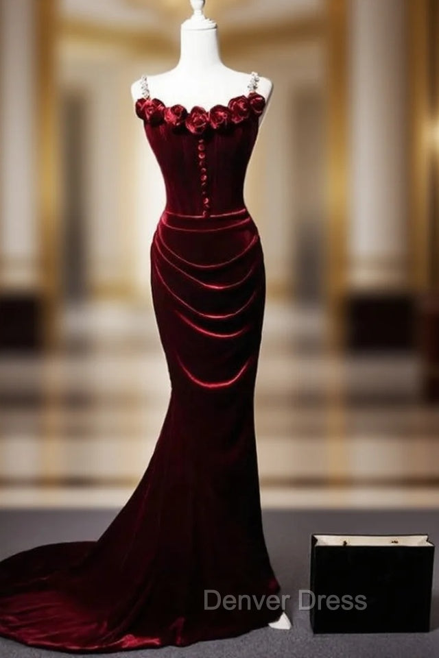 Burgundy Mermaid Velvet Straps Flwoer Prom Dresses Main image