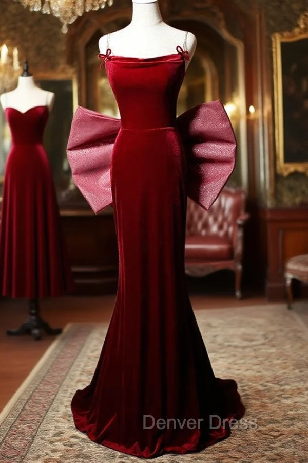 Burgundy Mermaid Velvet Straps Prom Dresses With Bow