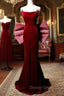 Burgundy Mermaid Velvet Straps Prom Dresses With Bow