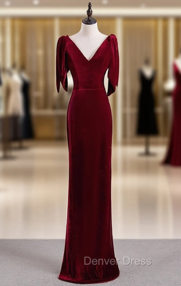 Burgundy Mermaid Velvet V Neck Prom Dresses
