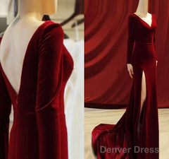 Burgundy Muslim Evening Dresses Mermaid V-Neck Long Sleeves Velvet Slit Islamic Dubai Saudi Arabic Long Formal Evening Gown