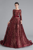 A Line Luxury Sequins Long Sleeve Backless Prom Dresses
