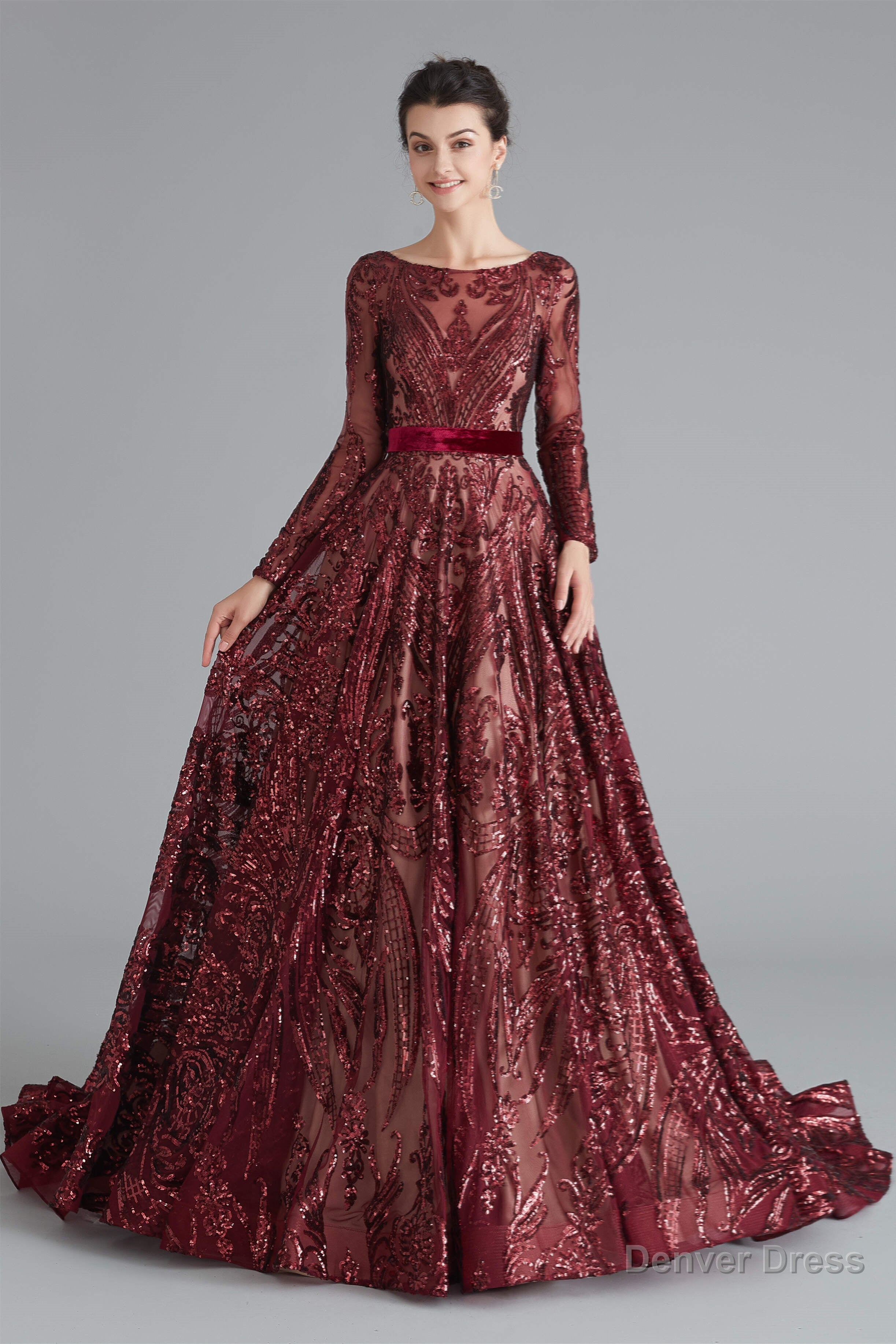 A Line Luxury Sequins Long Sleeve Backless Prom Dresses