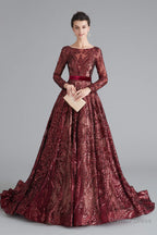 A Line Luxury Sequins Long Sleeve Backless Prom Dresses