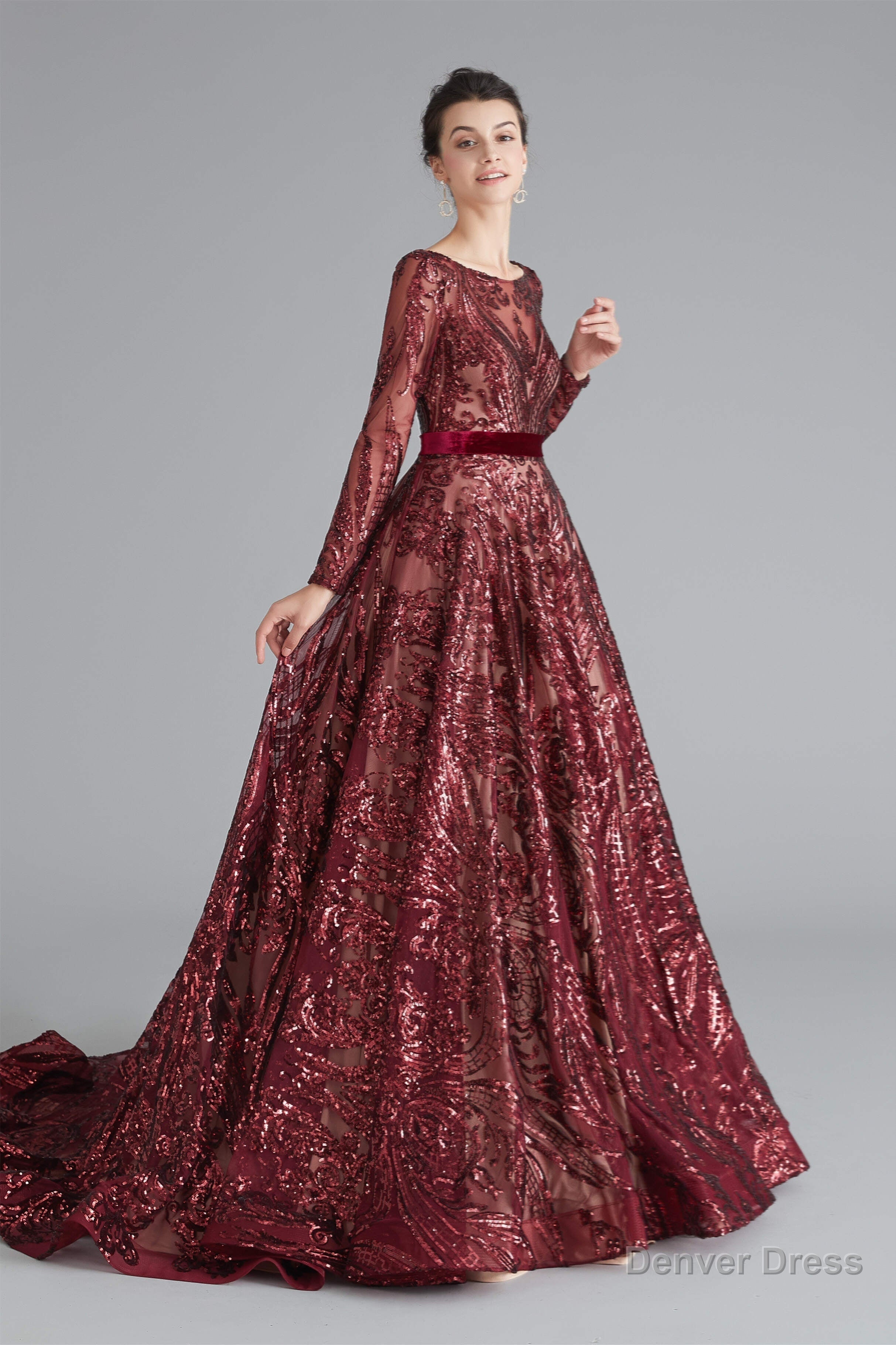 A Line Luxury Sequins Long Sleeve Backless Prom Dresses
