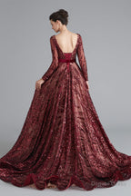 A Line Luxury Sequins Long Sleeve Backless Prom Dresses