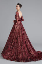 A Line Luxury Sequins Long Sleeve Backless Prom Dresses