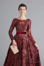 A Line Luxury Sequins Long Sleeve Backless Prom Dresses