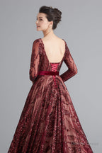 A Line Luxury Sequins Long Sleeve Backless Prom Dresses