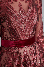 A Line Luxury Sequins Long Sleeve Backless Prom Dresses