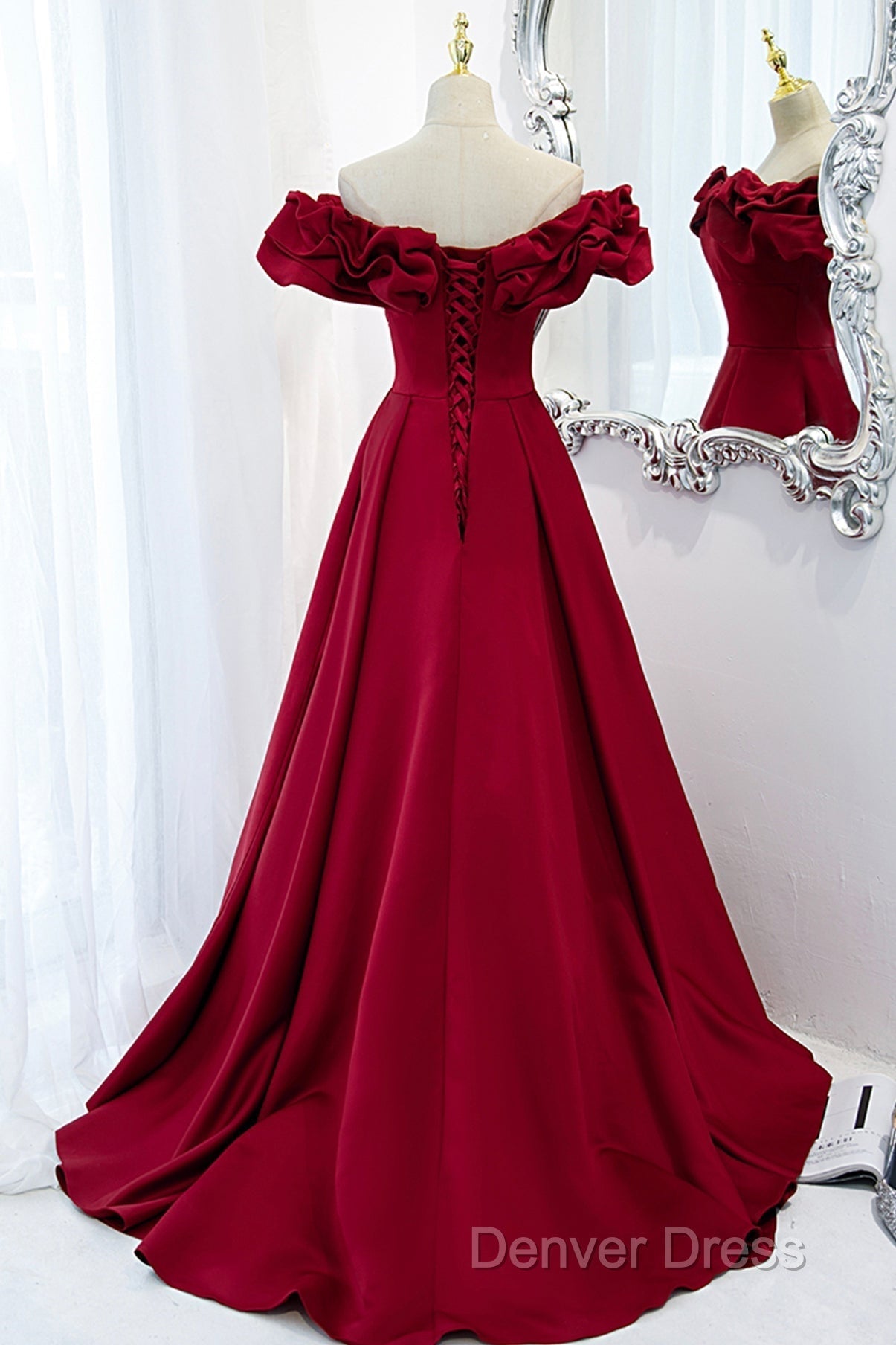 Burgundy Off Shoulder Long A Line Prom Dress Secondary image