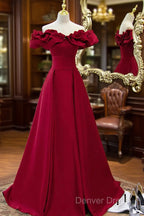 Burgundy Off Shoulder Long A Line Prom Dress