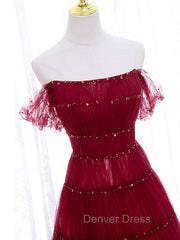 Burgundy Off Shoulder Long Prom Dresses, Burgundy Formal Dresses with Beading Sequin