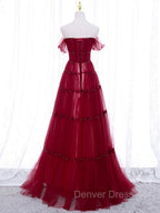 Burgundy Off Shoulder Long Prom Dress, Burgundy Prom Dresses with Beading Sequin