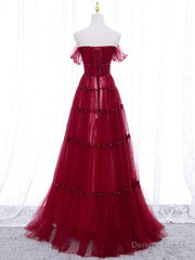 Burgundy Off Shoulder Long Prom Dress, Burgundy Formal Dress with Beading Sequin