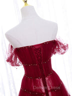 Burgundy Off Shoulder Long Prom Dress, Burgundy Prom Dresses with Beading Sequin