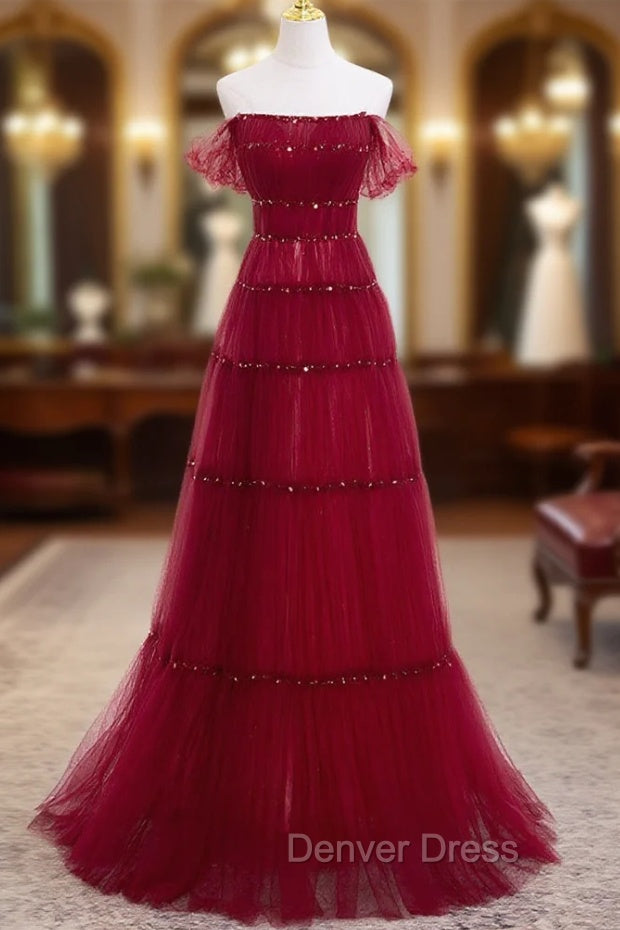 Burgundy Off Shoulder Long Prom Dresses, Burgundy Formal Dresses with Beading Sequin Main image