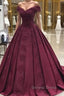 Burgundy off shoulder satin lace long prom Dress, burgundy Prom Dresses