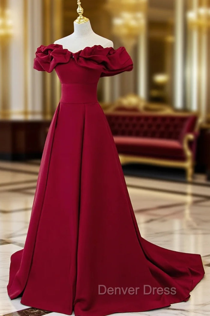 Burgundy Off Shoulder Satin Long Prom Dresses, Burgundy Formal Evening Dresses Main image