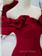 Burgundy Off Shoulder Satin Long Prom Dress, Burgundy Prom Dresses