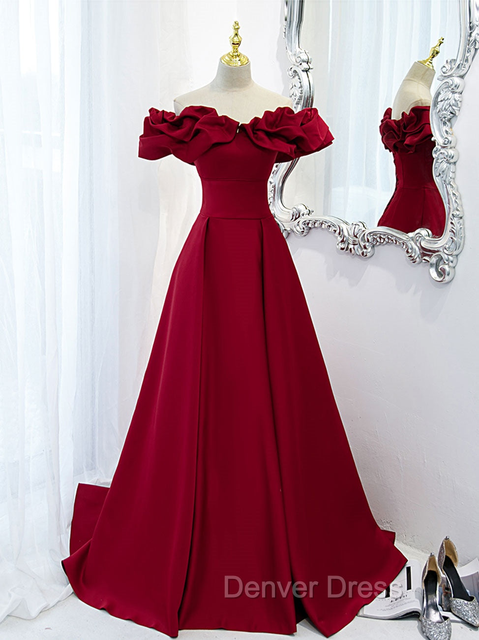 Burgundy Off Shoulder Satin Long Prom Dresses, Burgundy Formal Evening Dresses Secondary image