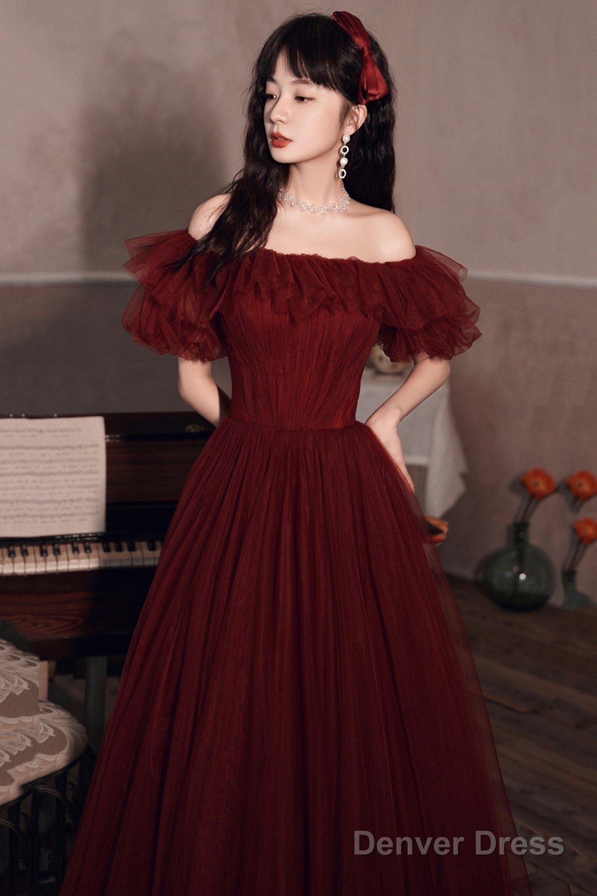 Burgundy Off Shoulder Scoop Long Prom Dress, Burgundy A Line Prom Dresses