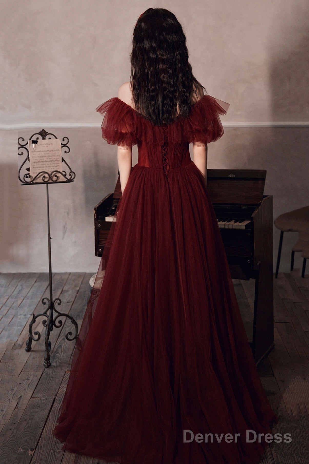 Burgundy Off Shoulder Scoop Long Prom Dress, Burgundy A Line Prom Dresses