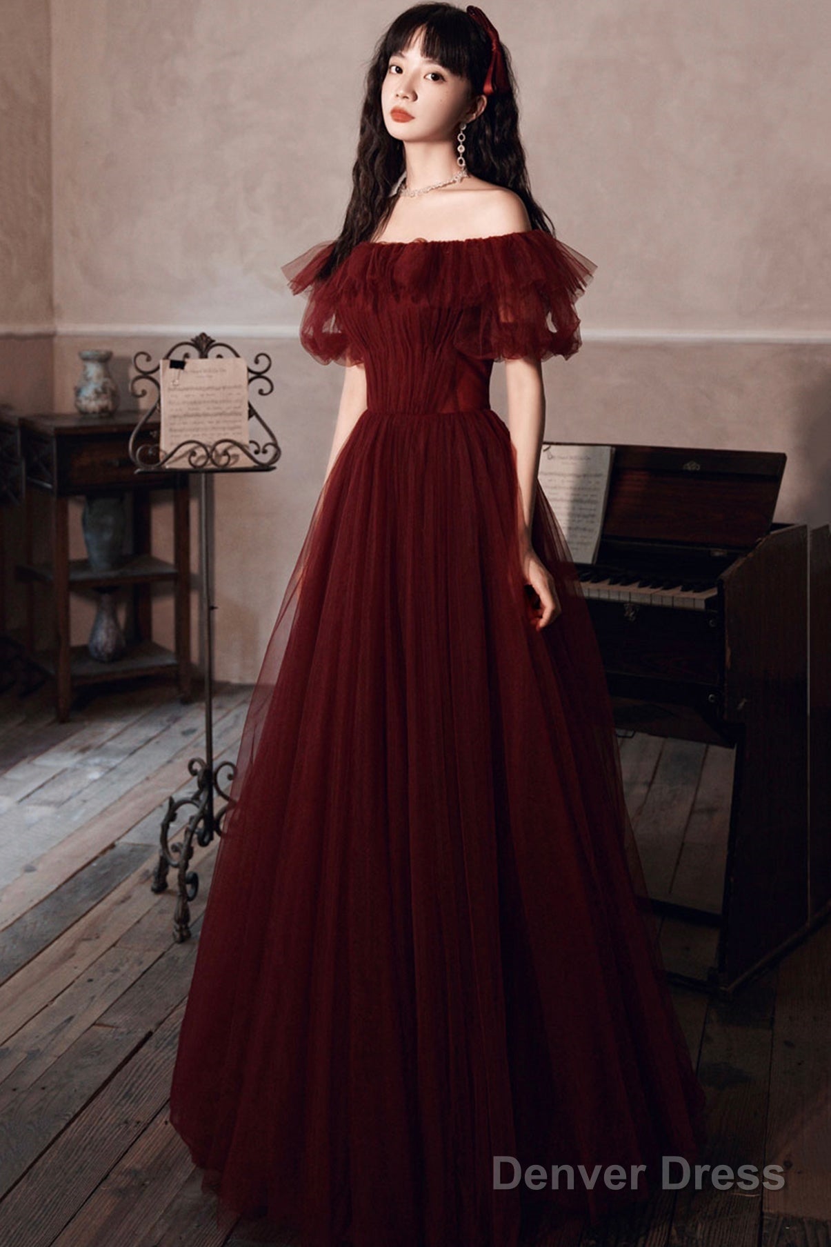 Burgundy Off Shoulder Scoop Long Prom Dress, Burgundy A Line Prom Dresses