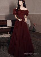 Burgundy Off Shoulder Scoop Long Prom Dress, Burgundy A Line Prom Dresses