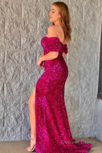 Burgundy Off Shoulder Sequins Mermaid Prom Dresses with Slit