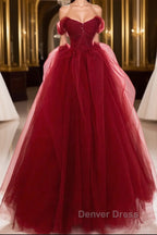 Burgundy off shoulder tulle lace long prom Dress burgundy Prom Dresses