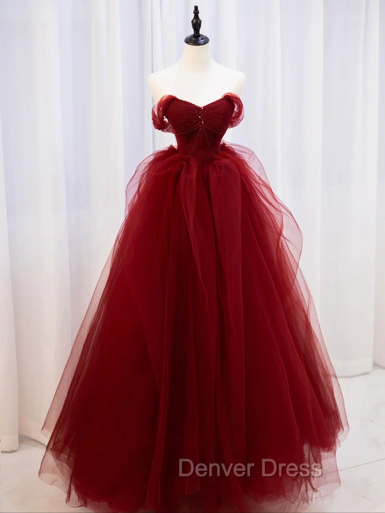 Burgundy Off Shoulder Tulle Lace Long Prom Dresses, Burgundy Formal Graduation Dresses Main image