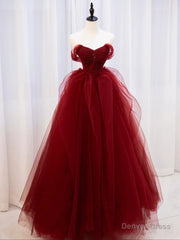 Burgundy Off Shoulder Tulle Lace Long Prom Dresses, Burgundy Formal Graduation Dresses